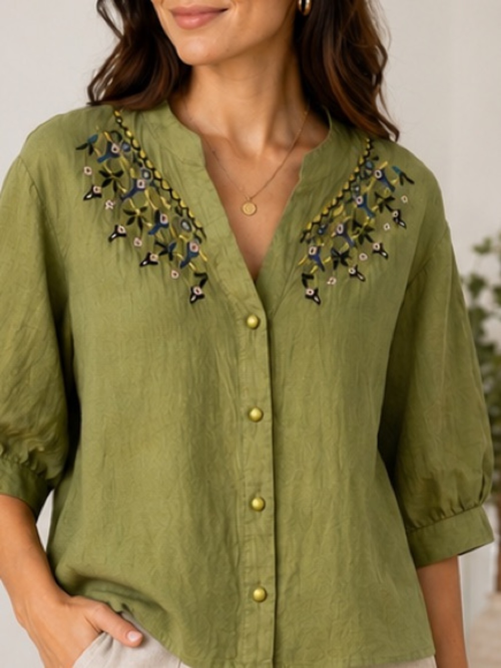 Embroidered Olive Green Button-Front Blouse